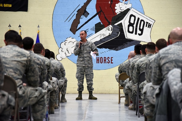 U.S. Air Force Maj. Gen. Scott J. Zobrist, 9th Air Force commander, addresses Airmen from the 819th Rapid Engineer Deployable Heavy Operational Repair Squadron Engineers (RED HORSE) during a commander’s call at Malmstrom Air Force Base, Mont., Jan. 25, 2018. During their visit, 9th AF leadership met with 819th RED HORSE, base leaders and Airmen to thank them for their support and discuss the unit’s upcoming deployments to U.S. Africa Command and U.S. Central Command. (U.S. Air Force photo by Kiersten McCutchan)