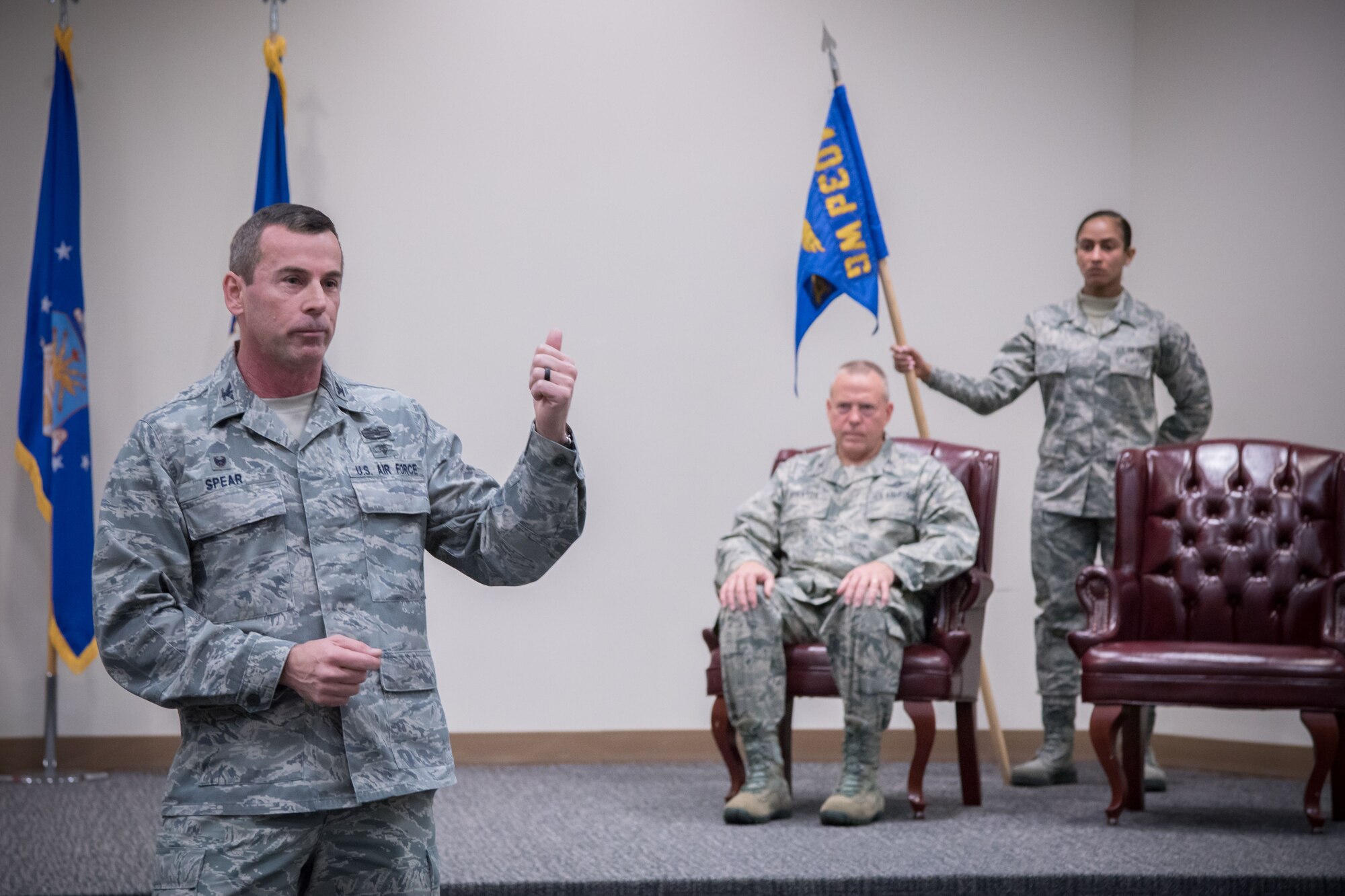 Col. Carl Spear, 403rd Aeromedical Staging Squadron commander, speaks during an assumption of command ceremony for the 403rd ASTS Feb. 4, 2017 at Keesler Air Force Base, Mississippi. U.S. Air Force photo by Staff Sgt. Heather Heiney)