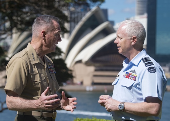 Marine Corps Gen. Joe Dunford, chairman of the Joint Chiefs of Staff, speaks with Air Chief Marshal Mark D. Binskin, chief of the Australian Defense Force upon their arrival at the Admirality House in Sydney, Australia, Feb. 5, 2018.
