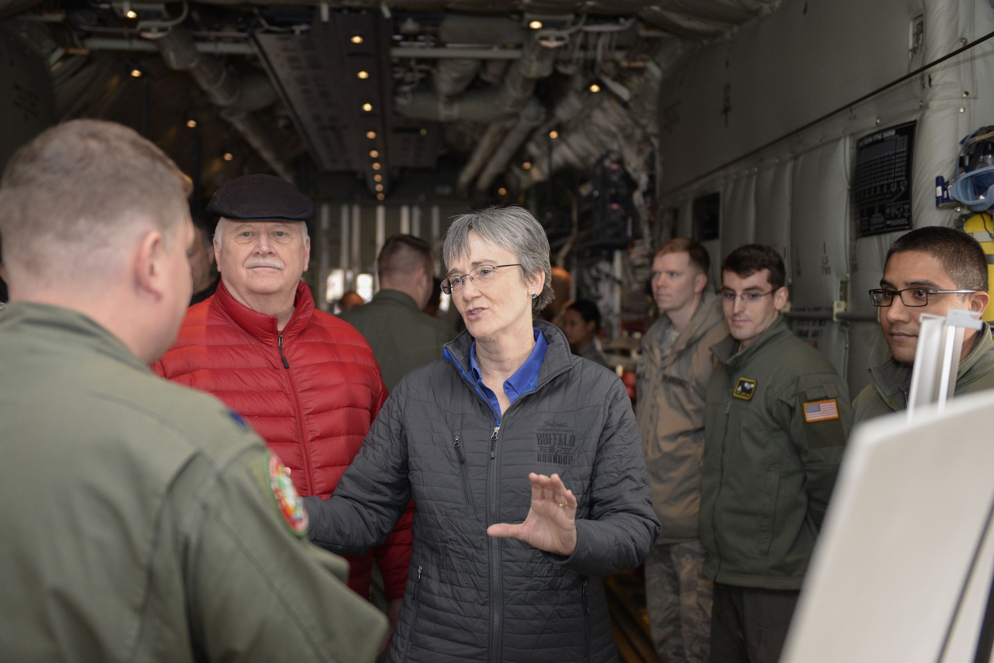 Secretary of the Air Force Heather Wilson speaks with Airmen from the 36th Airlift Squadron, Feb. 1, 2018, at Yokota Air Base, Japan.