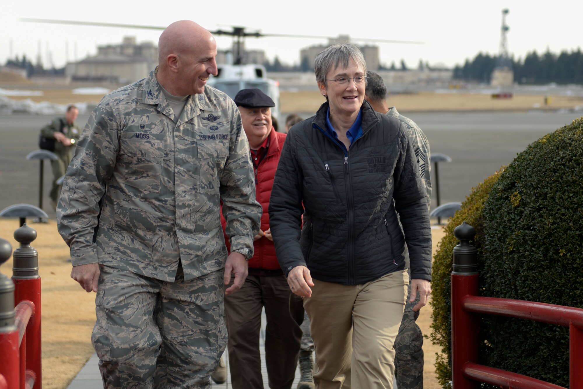 Secretary of the Air Force Heather Wilson walks with Col. Kenneth Moss, 374th Airlift Wing commander, Feb. 1, 2018, at Yokota Air Base, Japan.