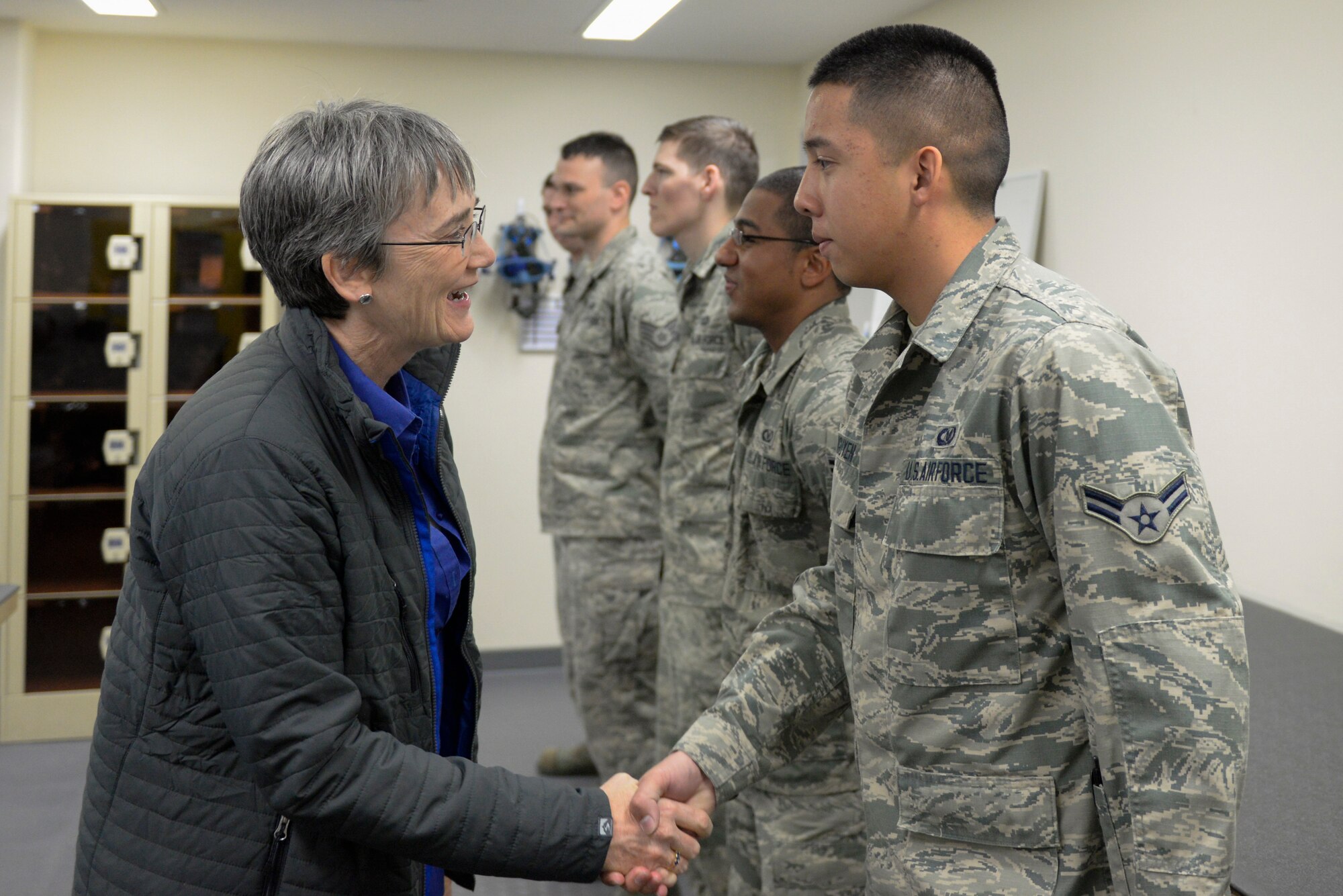 Secretary of the Air Force Heather Wilson meets Airmen from the 374th Operations Support Squadron, Feb. 1, 2018, at Yokota Air Base, Japan.