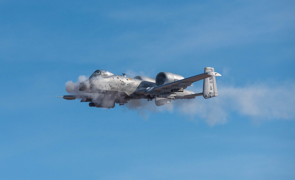 An A-10 Thunderbolt II fires it’s GAU-8 Avenger 30 mm cannon over the Barry M. Goldwater
Range in Gila Bend, Ariz., Feb. 1, 2018. The A-10 is capable of firing 3,900 rounds per minute to defeat a wide variety of enemy targets. (U.S. Air Force photo/Airman 1st Class Caleb Worpel)