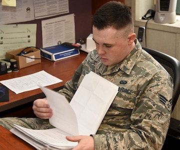 Senior Airman Jordan, a 32nd Intelligence Squadron signals analyst, prepares to input official Air Force Physical Training scores into the Air Force Fitness Management System, Jan. 29, 2018 at Fort George G. Meade. Jordan has been assisting with the 707th Force Support Squadron Fitness Assessment Center as part of ABLE Flight. ABLE Flight utilizes Airmen, who are waiting on their security clearances, to support prioritized Wing level jobs such as the Chaplain’s office, Military Personnel Flight, Fitness Center, Inspector General’s office, Dental Clinic, the Meade Attic, Transportation, Legal Office, Mailroom and many more. (U.S. Air Force photo/Staff Sgt. AJ Hyatt)
