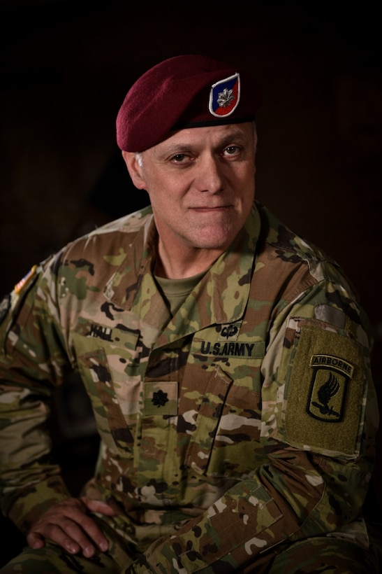 Army Lt. Col. John Hall, a paratrooper and public affairs officer assigned to Headquarters and Headquarters Company, 173rd Airborne Brigade, poses for a photo in Vicenza, Italy, Jan. 31 2018. Hall is a Michigan National Guard soldier currently on active-duty orders with the 173rd. Army photo by Staff Sgt. Alexander C Henninger