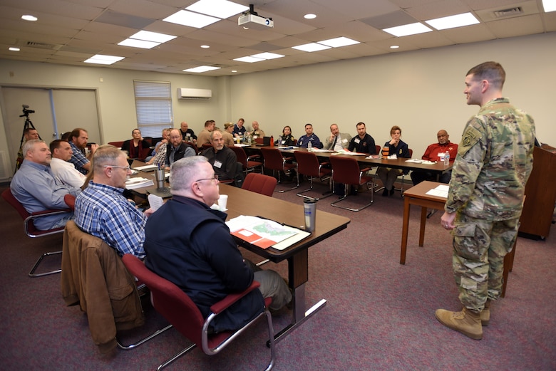 Lt. Col. Cullen Jones (Right), U.S. Army Corps of Engineers Nashville District commander, thanks federal, state and local first responders for participating in First Responders Day at Old Hickory Dam in Old Hickory, Tenn., Feb. 1, 2018. (USACE photo by Lee Roberts)
