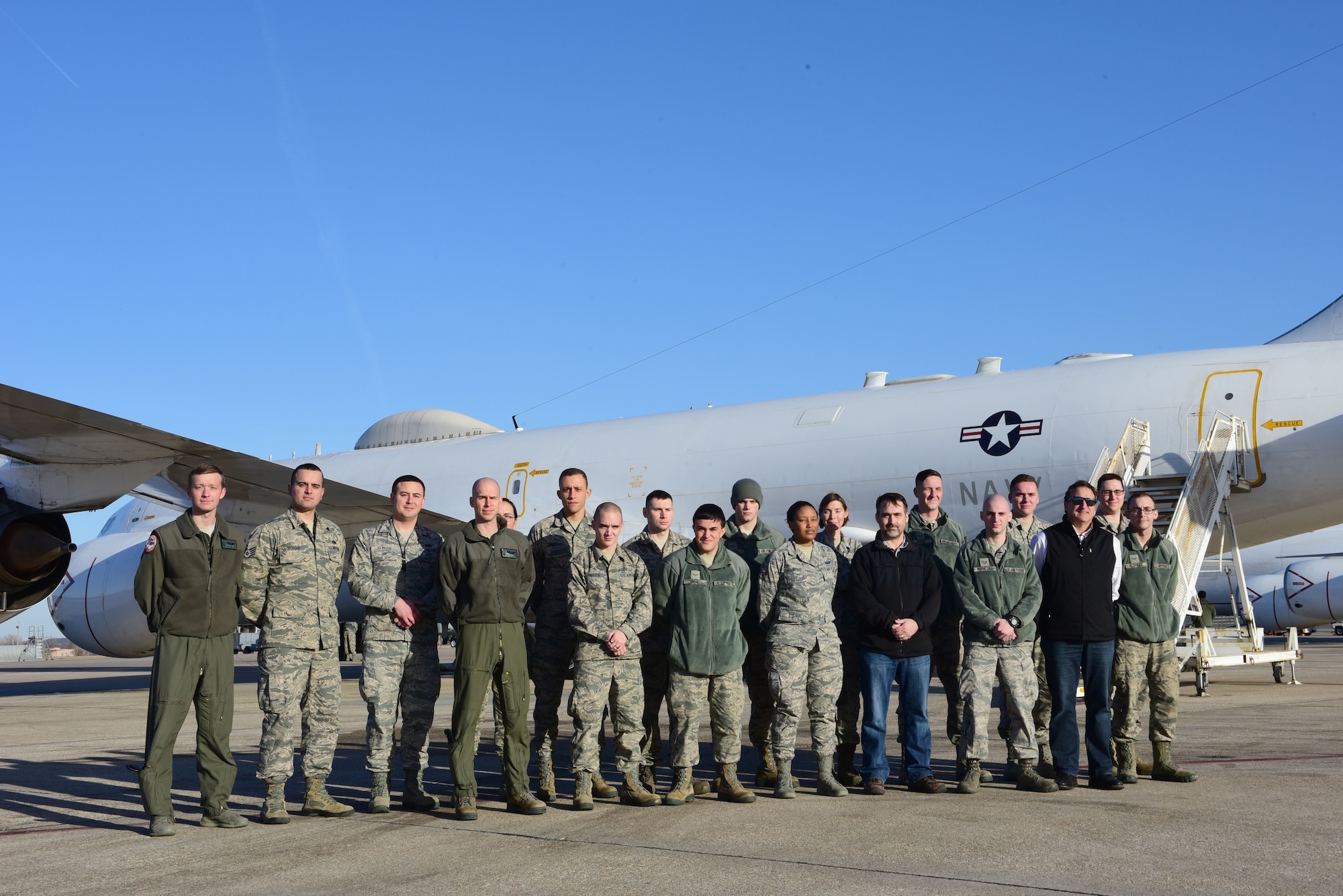 Members of the 595th Command and Control Group stand in front of an E-6B following a tour of the aircraft during the 625th Strategic Operations Squadron’s Deep Dive held at Offutt Air Force Base, Neb., Jan. 25, 2018. The Deep Dive is part of an effort by the group to give members of different squadrons insight into squadron-specific missions and an understanding of how their missions work together.