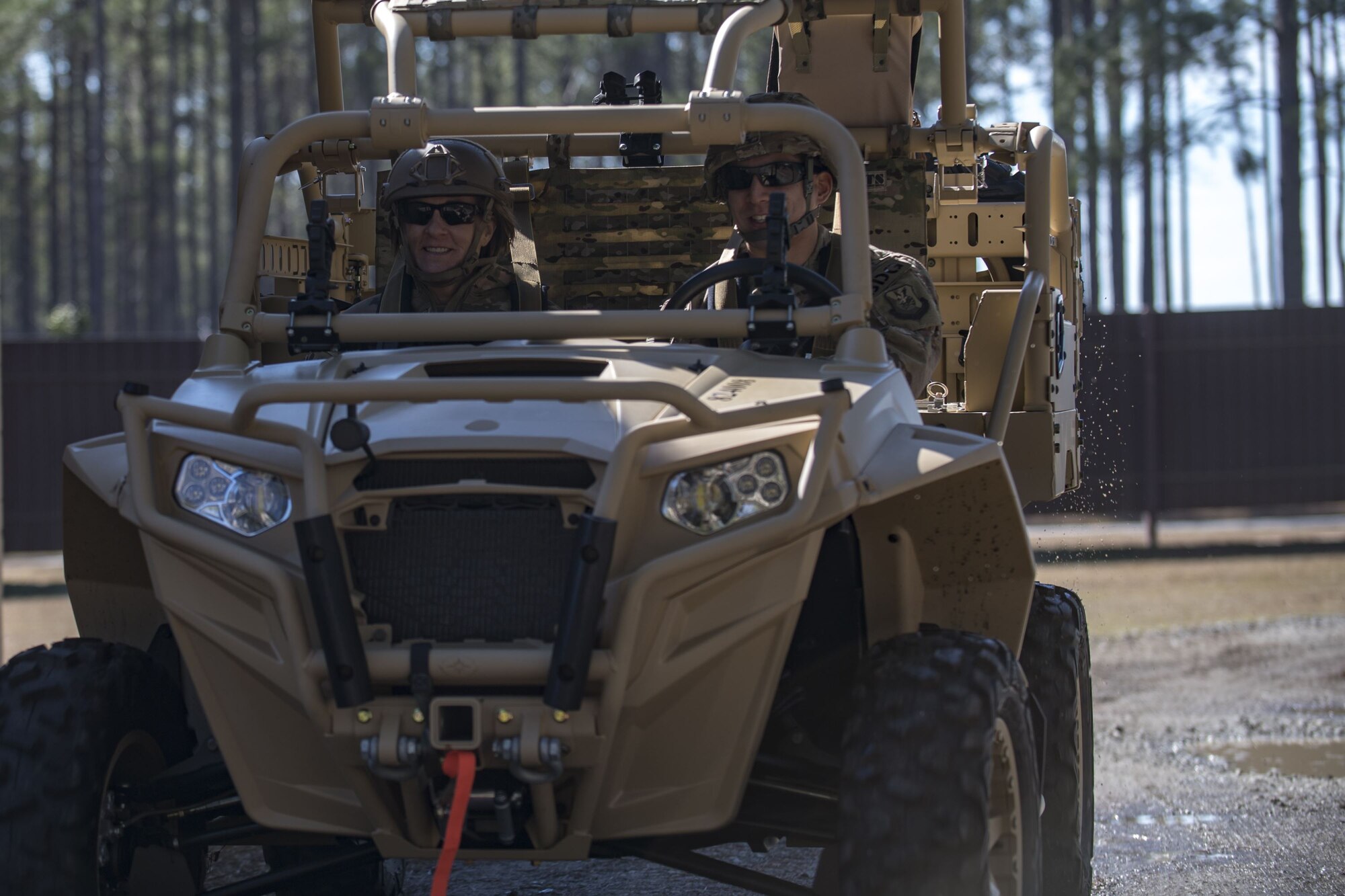 An Airman assigned to the 820th Base Defense Group escorts Col. Jennifer Short, 23d Wing commander, to a Military Operations in Urban Terrain village during a capabilities demonstration, Feb. 5, 2018, at Moody Air Force Base, Ga. The immersion was designed to give the 23d Wing’s leadership a better understanding of the 820th BDG’s mission, capabilities and training needs. (U.S. Air Force photo by Senior Airman Daniel Snider)
