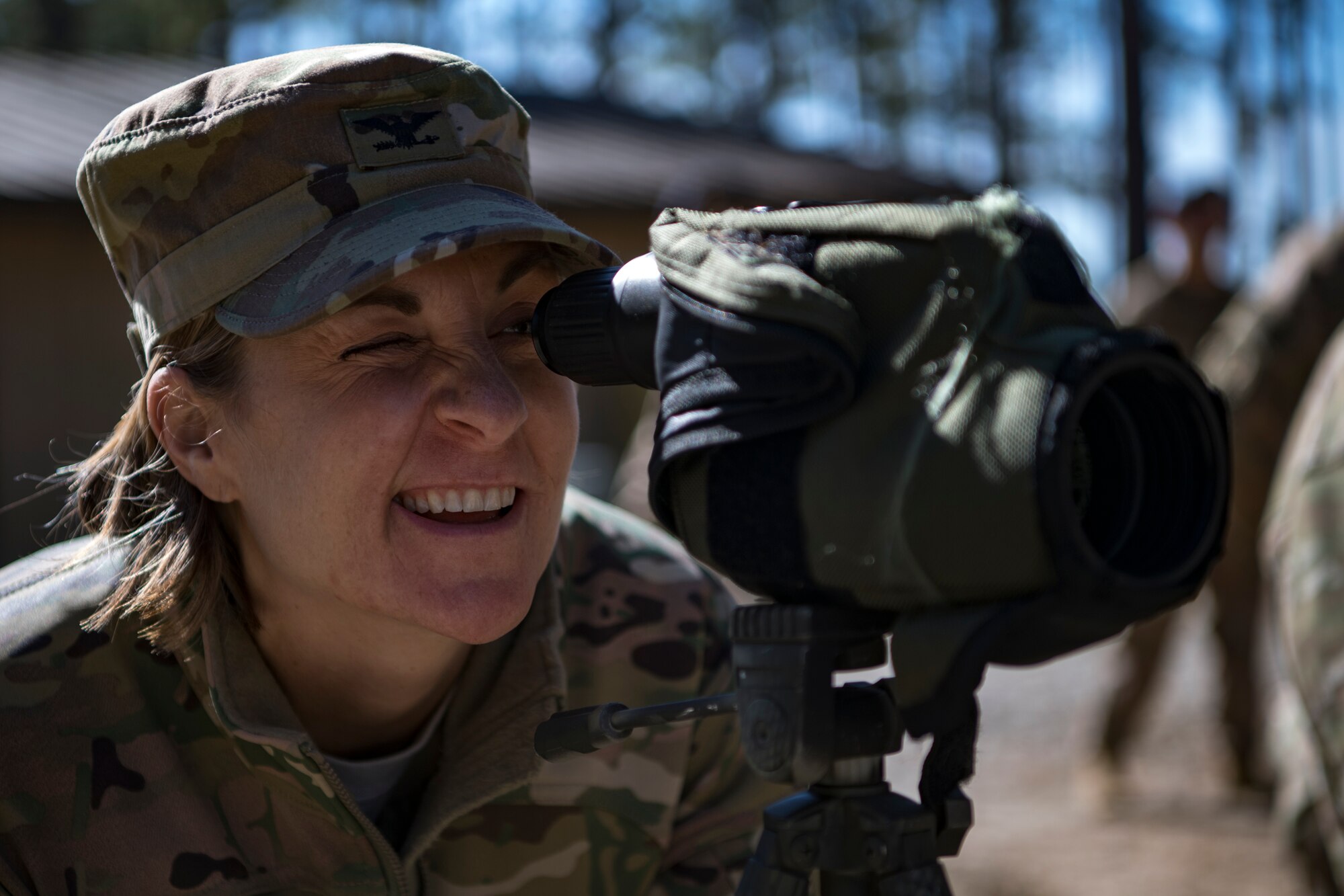 Col. Jennifer Short, 23d Wing commander, attempts to spot a hidden member of the 820th Base Defense Group’s Close Precision Engagement Team during a capabilities demonstration, Feb. 5, 2018, at Moody Air Force Base, Ga. The immersion was designed to give the 23d Wing’s leadership a better understanding of the 820th BDG’s mission, capabilities and training needs. (U.S. Air Force photo by Senior Airman Daniel Snider)