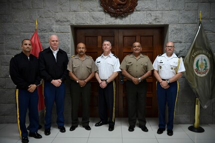 U.S. Army Maj. Edward Figueroa (far left), Army South section chief, Command Sgt. Maj. James L. Allen, West Virginia National Guard senior enlisted leader, Lt. Gen. Oscar Reto Otero, Peruvian army chief of staff, Gen. Cesar Astudillo, Commanding General of the Peruvian army and Col. Edward Ortiz, Army Defense Attache for the U.S. Embassy in Peru, pose for a photo at the Peruvian Army Headquarters.