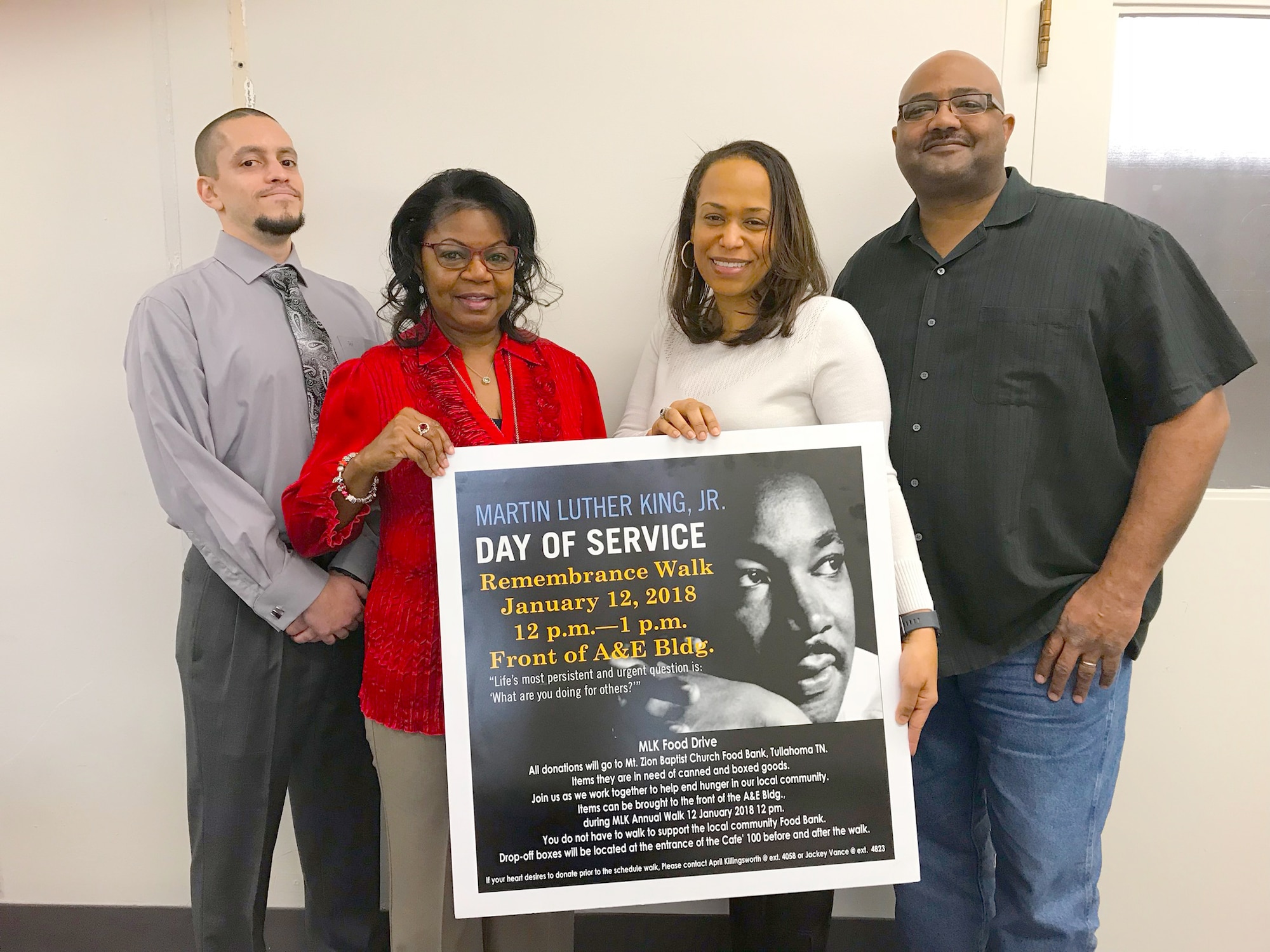 Members of the Arnold Air Force Base African-American Heritage Committee recently sponsored a Martin Luther King Jr. Remembrance Walk and food drive where they were able to donate more than 200 items to the Mt. Zion Baptist Church Food Locker in Tullahoma. Pictured are committee member officers Reginald Floyd, vice president; Jackey Vance, treasurer; April Killingsworth, secretary; and Lee Smith, president. (Courtesy photo)