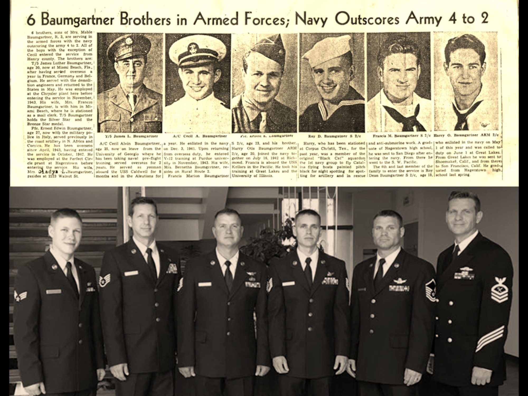 A news clipping from 1945 shows Roy Baumgartner and his five brothers in uniform during World War II, a nostalgic comparison to Roy's six grandsons shown beneath the clipping at Roy's funeral in June, 2017.