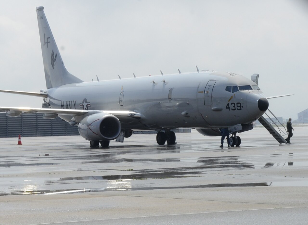 A Navy P-8A Poseidon aircraft sits on the flightline prior to a training mission with patrol aircraft from the South Korean navy in Busan, South Korea.