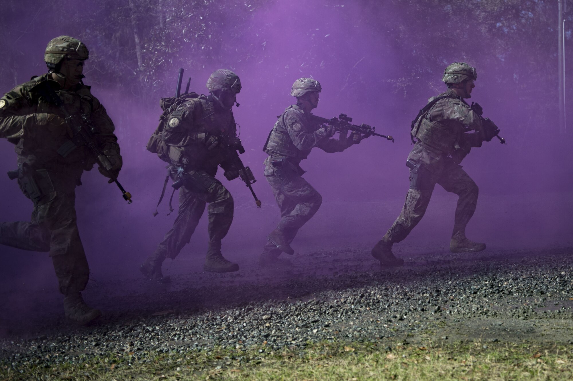 Airmen assigned to the 820th Base Defense Group advance their position during a capabilities demonstration, Feb. 5, 2018, at Moody Air Force Base, Ga. The immersion was designed to give the 23d Wing’s leadership a better understanding of the 820th BDG’s mission, capabilities and training needs. (U.S. Air Force photo by Senior Airman Daniel Snider)