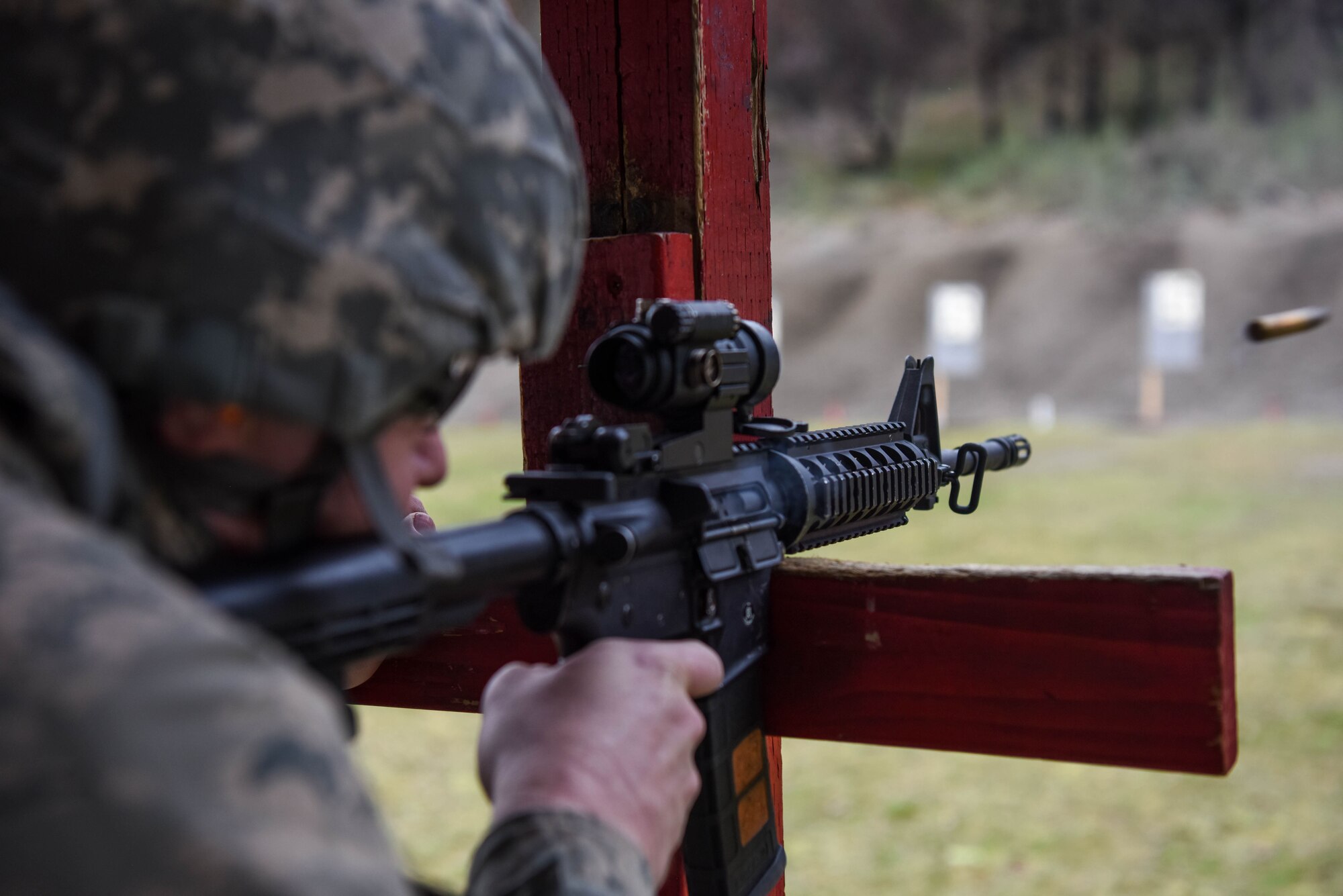 Tech. Sgt. Christopher Groessler, 62nd Maintenance Squadron munitions technician, fires an M-4 carbine during the 627th Security Forces Squadron’s Combat Arms Training and Maintenance class at Joint Base Lewis-McChord, Wash., Jan. 31, 2018.