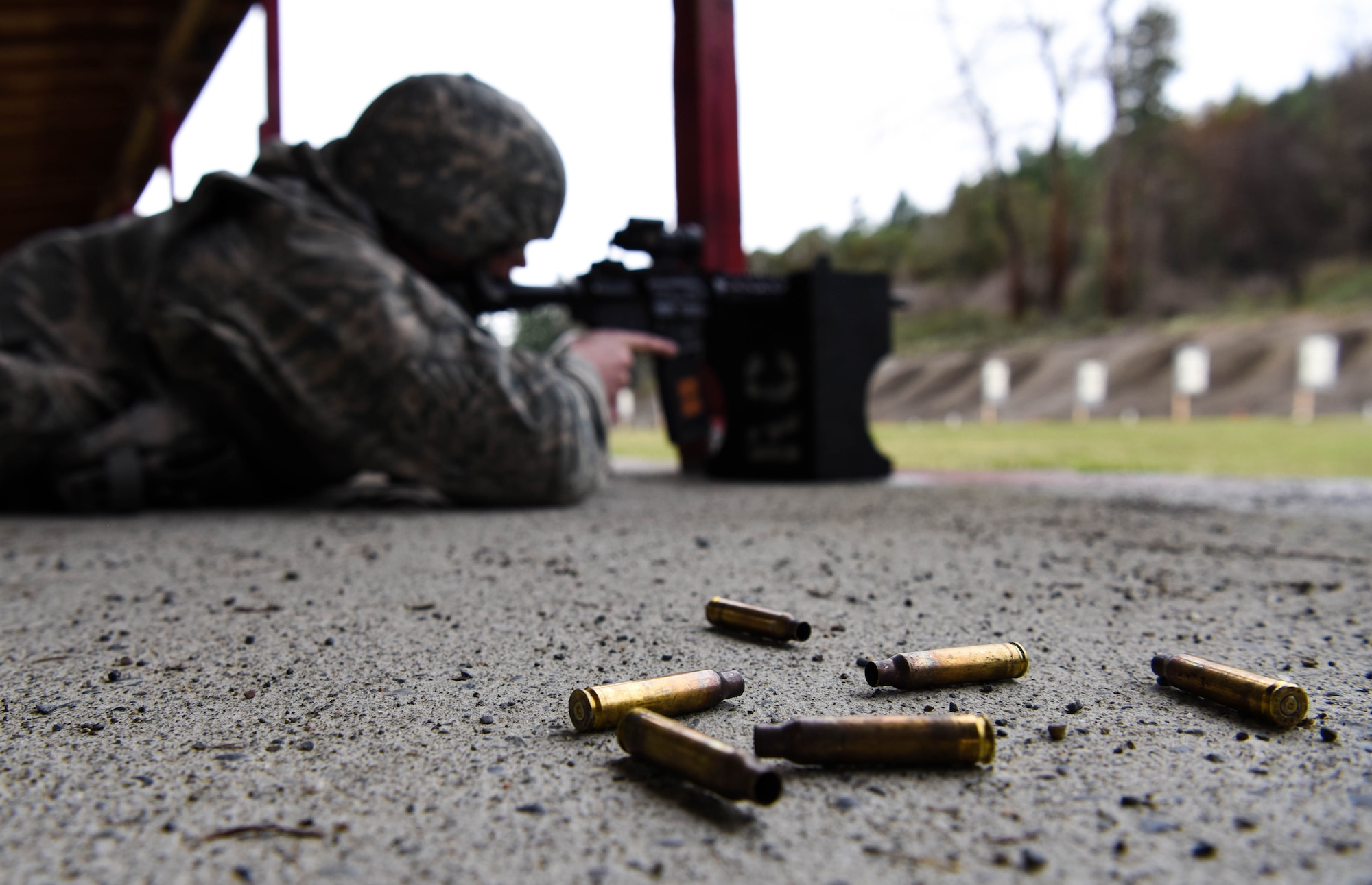 Shell casings from an M-4 carbine lay on the ground during the 627th Security Forces Squadron’s Combat Arms Training and Maintenance class at Joint Base Lewis-McChord, Wash., Jan. 31, 2018.