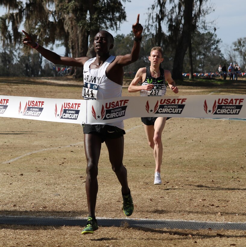 Army Spec. Leonard Korir of Fort Carson, Colo. defended his title at the Armed Forces Cross Country 10k Championship on 3 Feb. in Tallahassee, Fla.,
