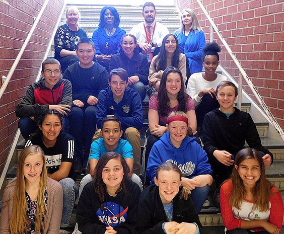 IMAGE: FREDERICKSBURG, Va. (Jan. 30, 2018) – The 15 students recognized for placing first, second, third, and honorable mention at the 2018 Freedom Middle School Science Fair are pictured with school officials. They were among 108 students who presented 88 science, technology, engineering, and mathematics projects in three categories: earth and space, life science and biology, and physical science. The students briefed their projects to 15 judges – including 12 scientists and engineers from Naval Surface Warfare Center Dahlgren Division – who interviewed and mentored the students while evaluating their projects. Students pictured left to right on the first row (bottom) are: Samantha Quillen, Emilee Imler, Kaitlyn Bestick, and Hannah Lowery. Second row: Rachel Margelos, Caleb Caison, and Regan Bestick. Third row: Gavin White, Calvin Campbell, Areanna Jess, and Garrett Peck. Fourth row: Daniel Fordham, Hailey Gibson, Phoebe Awan, and M’Laya Ainsworth. Freedom Middle School officials pictured in the top row: Advanced Science Teacher Linda Lapp, Vice Principal Dwan Barnes Gaines, Principal Dr. Eric Wright, and ‎Physical Science Teacher Mendy Owen.