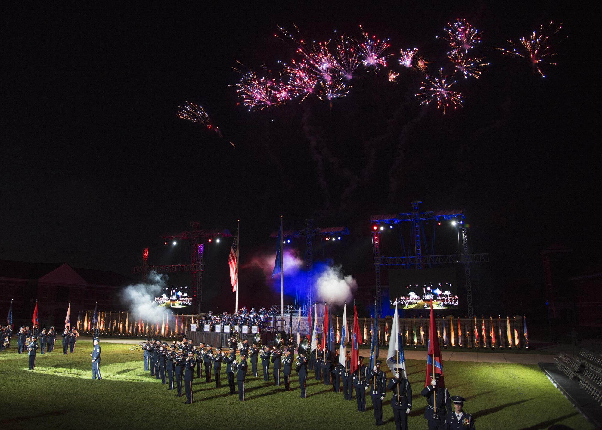 Members with the U.S. Air Force Honor Guard and Band perform during the U.S. Air Force Tattoo at Joint Base Anacostia-Bolling, Washington, D.C., Sept. 13, 2017. Service members from across the National Capital Region attended the tattoo in commemoration of the Air Force’s 70th anniversary. (U.S. Air Force photo by Airman 1st Class Valentina Lopez)