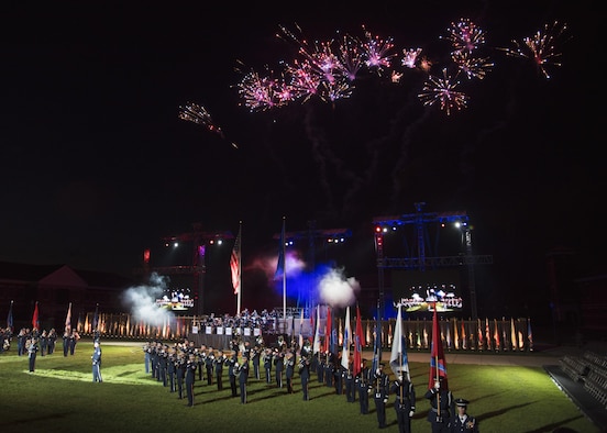 Members with the U.S. Air Force Honor Guard and Band perform during the U.S. Air Force Tattoo at Joint Base Anacostia-Bolling, Washington, D.C., Sept. 13, 2017. Service members from across the National Capital Region attended the tattoo in commemoration of the Air Force’s 70th anniversary. (U.S. Air Force photo by Airman 1st Class Valentina Lopez)