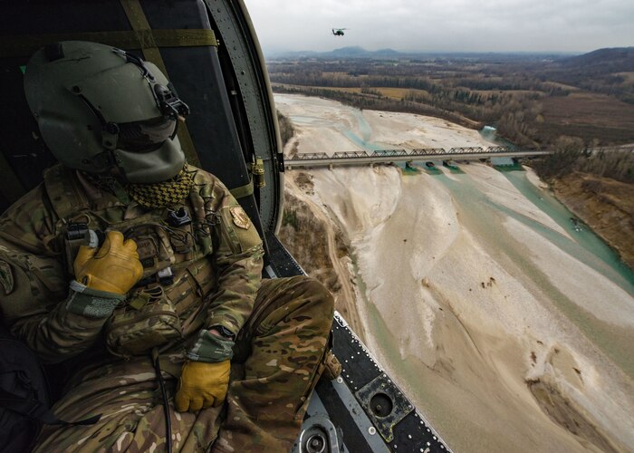 Two Air Force HH-60G Pave Hawk helicopters assigned to the 56th Rescue Squadron fly near Aviano Air Base, Italy.