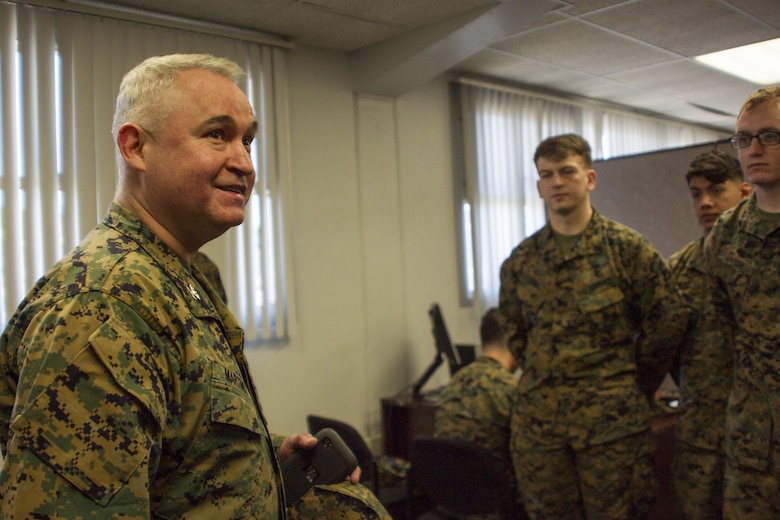 Col. Ricardo Martinez, chief of staff, Marine Air Ground Task Force Training Command, Marine Corps Air Ground Combat Center, speaks to Marines with the Fleet Assistance Program at the opening of the Tax Center aboard MCAGCC, Jan. 29, 2018. The Tax Center offers free assistance to Marines during Tax season. (U.S. Marine Corps photo by Pfc. Rachel K. Porter)