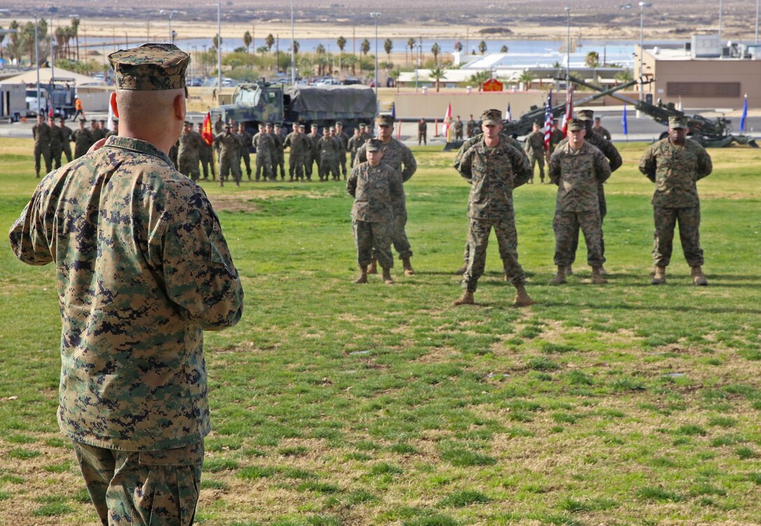 Sgt. Maj. Earl D. Budd, off going battalion sergeant major, 3rd Battalion 11th Marine Regiment, delivers a speech to Marines during the post and relief ceremony at the commanding general’s lawn aboard the Marine Corps Air Ground Combat Center Twentynine Palms, Calif., Jan. 18, 2018. Budd relinquished his post as battalion Sergeant Major to Sgt. Maj. Travis L. Debarr, incoming sergeant major, 3/11, MCAGCC. (U.S. Marine Corps Photo by LCpl. Jennessa Davey)