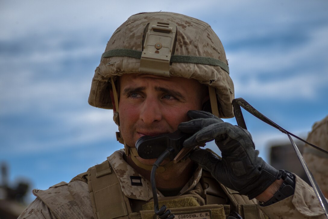 Capt. Charlie R. Cordova, company commander, 2nd Battalion, 3rd Marines, participates in the Integrated Training Exercise 2-18 at Range 220 aboard the Marine Corps Air Ground Combat Center Jan. 30, 2018. The purpose of the ITX is to create a challenging, realistic training environment that produces a combat-ready force capable of operating as an integrated MAGTF. (U.S. Marine Corps photo by Pfc. Rachel K. Porter)