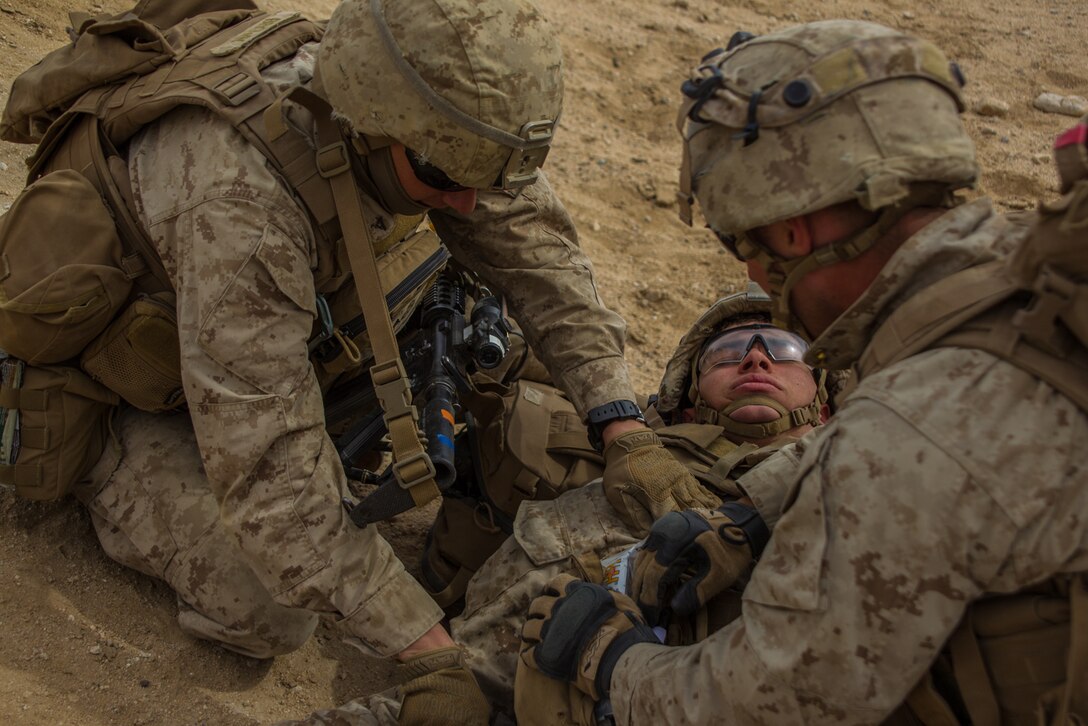 Marines with 2nd Battalion, 3rd Marines participates in the Integrated Training Exercise 2-18 at Range 220 aboard the Marine Corps Air Ground Combat Center Jan. 30, 2018. The purpose of the ITX is to create a challenging, realistic training environment that produces a combat-ready force capable of operating as an integrated MAGTF. (U.S. Marine Corps photo by Pfc. Rachel K. Porter)