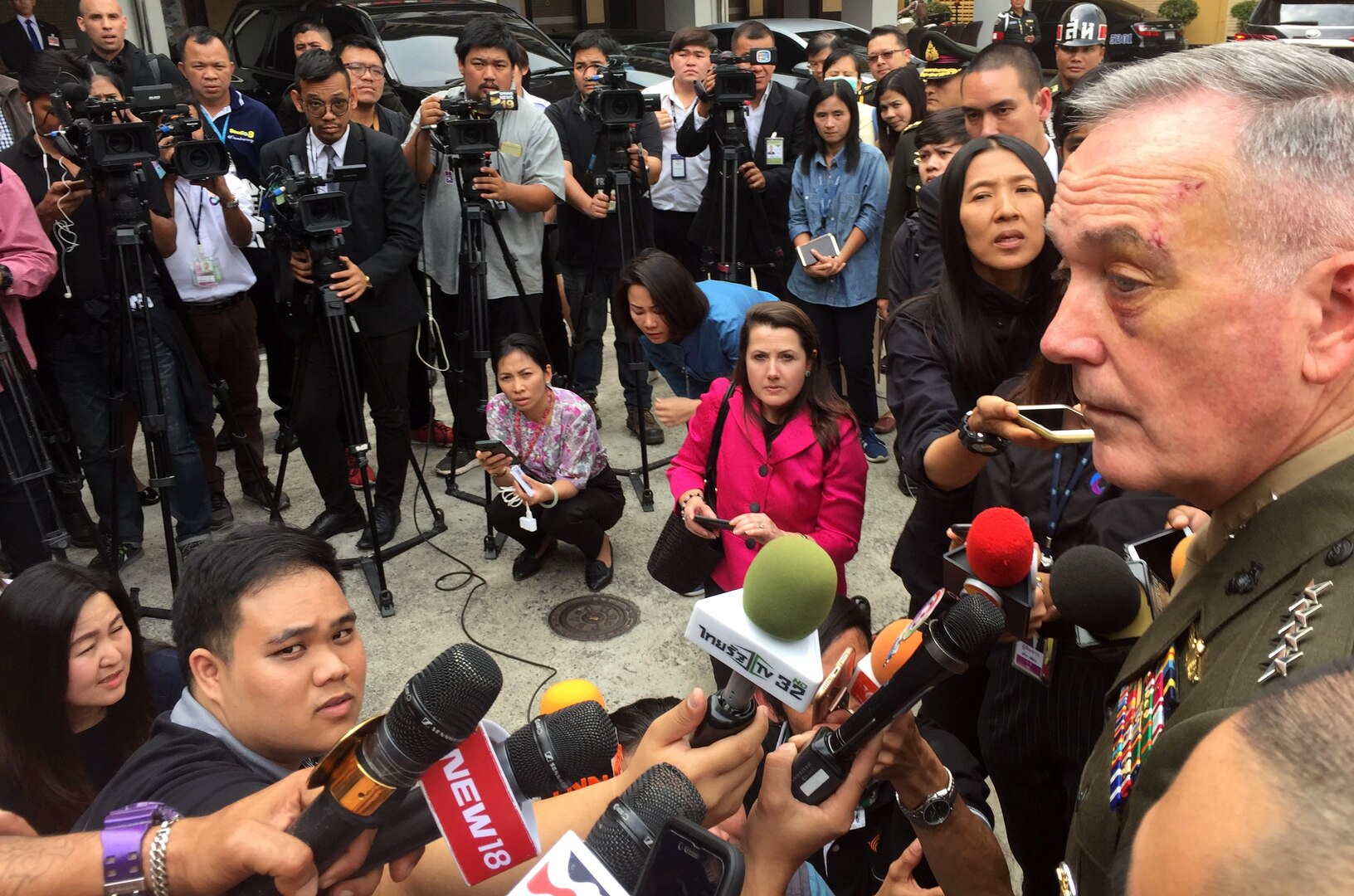 Marine Corps Gen. Joe Dunford, the chairman of the Joint Chiefs of Staff, speaks with Thai and U.S. reporters.