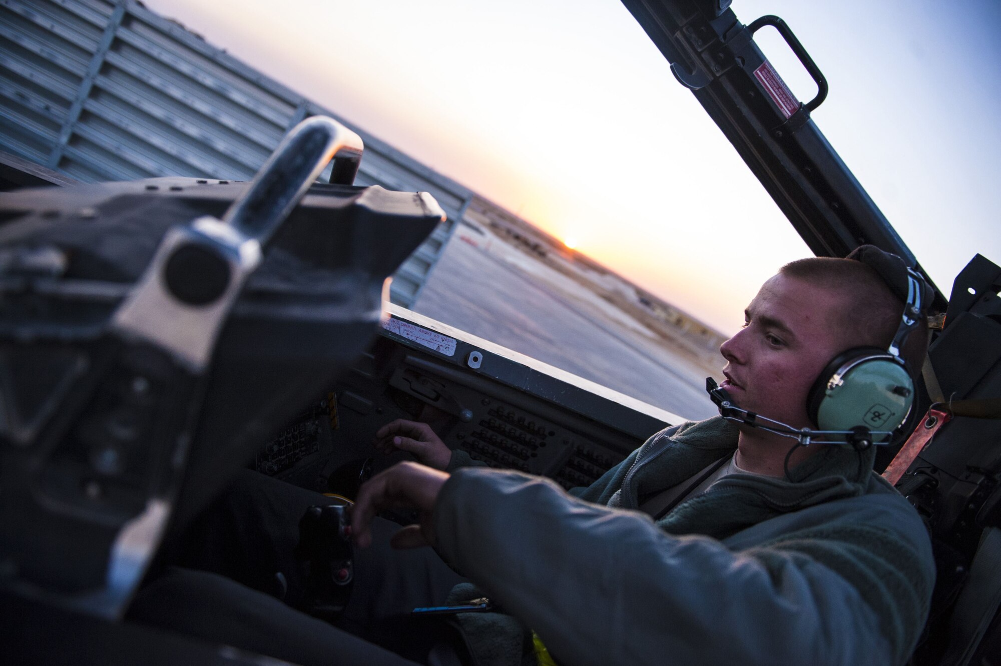 Airman 1st Class Logan Webb, assigned to the 332d Expeditionary Maintenance Squadron, performs avionics checks on an F-15E Strike Eagle November 10, 2017 in Southwest Asia. 332d Air Expeditionary Wing aircraft maintainers were recently awarded the 2017 Clements McMullen Memorial Daedalian Weapons System Maintenance Trophy in recognition of their historic impact on the air campaign against ISIS. (U.S. Air Force photo by Staff Sgt. Joshua Kleinholz)