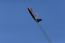 An F-22 Raptor, flown by Maj. Paul Lopez, flies over the flight line on Columbus Air Force Base, Mississippi, Feb. 2, 2018, during an aerial demonstration. The F-22 engines are extremely powerful, paired with the aerodynamic design this allows the aircraft to cruise at supersonic speeds without using afterburner. (U.S. Air Force photo by Airman 1st Class Keith Holcomb)