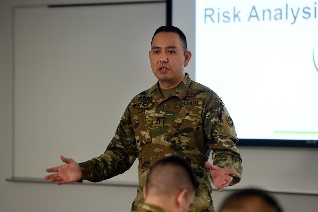 U.S. Army Reserve Sgt. 1st Class Dave Mercado, Force Protection NCO, 85th Support Command, gives remarks during an Army Reserve Physical Security Workshop held at the Army Reserve’s 85th Support Command headquarters, Feb. 6-7, 2018.