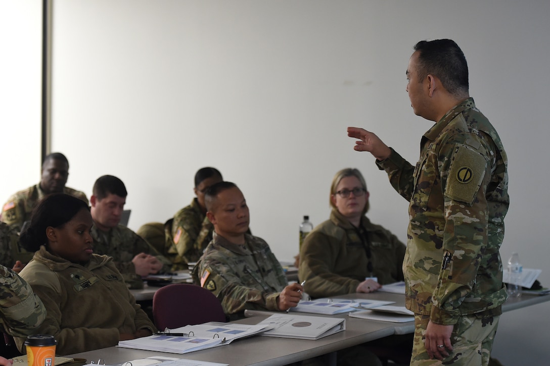 U.S. Army Reserve Sgt. 1st Class Dave Mercado, Force Protection NCO, 85th Support Command, gives remarks during an Army Reserve Physical Security Workshop held at the Army Reserve’s 85th Support Command headquarters, Feb. 6-7, 2018.