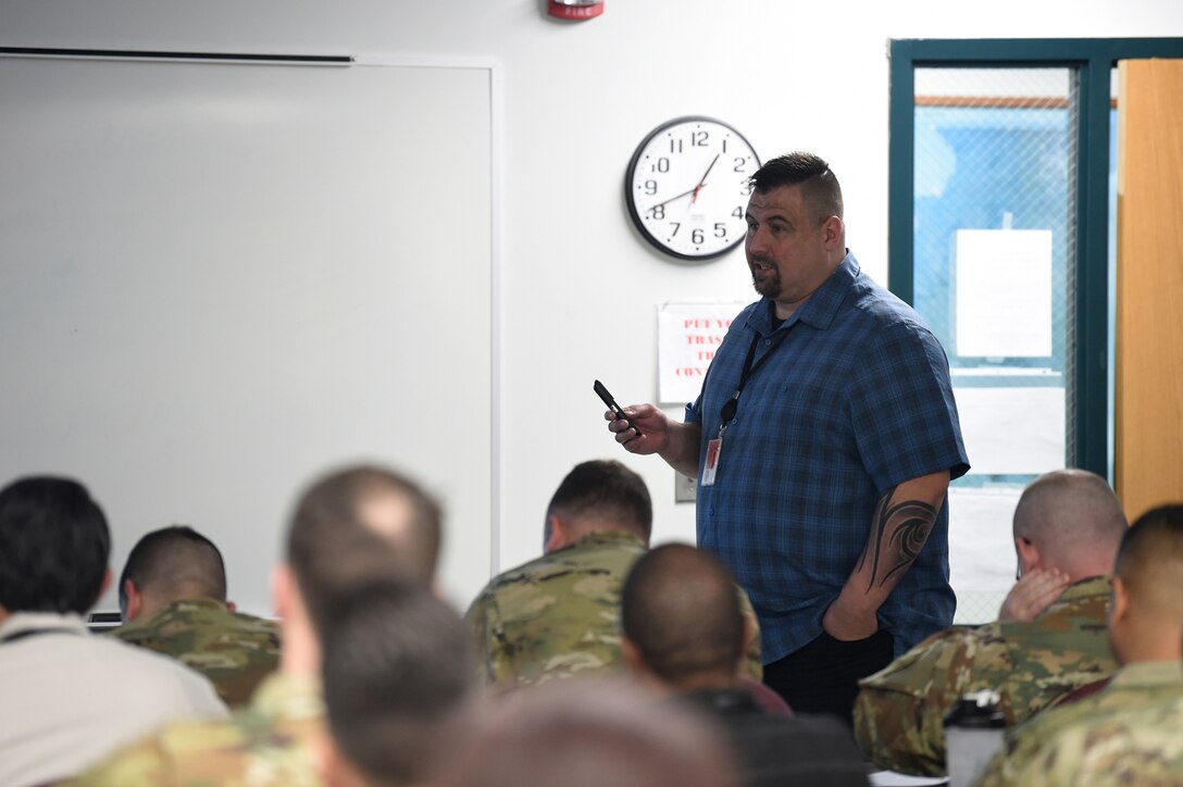 A physical security inspector, assigned to the 88th Readiness Division, discusses Risk Analysis during an Army Reserve Physical Security Workshop held at the Army Reserve’s 85th Support Command headquarters, Feb. 6-7, 2018.