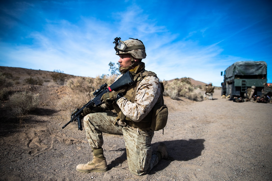 Cpl. Caleb Hattabaugh, landing zone commander, Combat Logistics Battalion 3, provides security during the first responders’ lane training on range 114 at Marine Corps Air Ground Combat Center, Twentynine Palms, Calif., Jan. 18, 2018, as a part of Integrated Training Exercise 2-18. The purpose of ITX is to create a challenging, realistic training environment that produces combat-ready forces capable of operating as an integrated MAGTF. (U.S. Marine Corps Photo by Pfc. William Chockey)