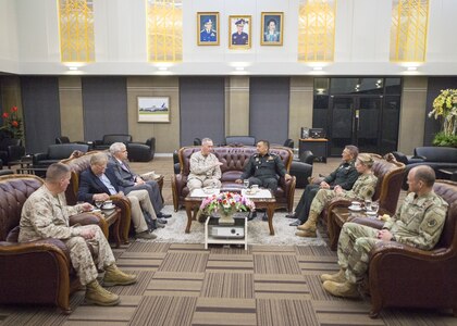 Marine Corps Gen. Joe Dunford, chairman of the Joint Chiefs of Staff, meets with Thai Army Gen. Ponpipaat Benyasri, chairman of the Royal Thai Armed Forces Joint Staff, after arriving in Bangkok, Feb. 6, 2018.