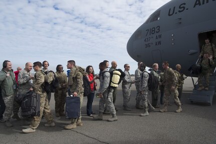 Airmen from the 15th Airlift Squadron and 437th Maintenance Group are greeted by family members and friends after returning to Joint Base Charleston, S.C., Feb. 3, 2018, from a Southwest Asia deployment.