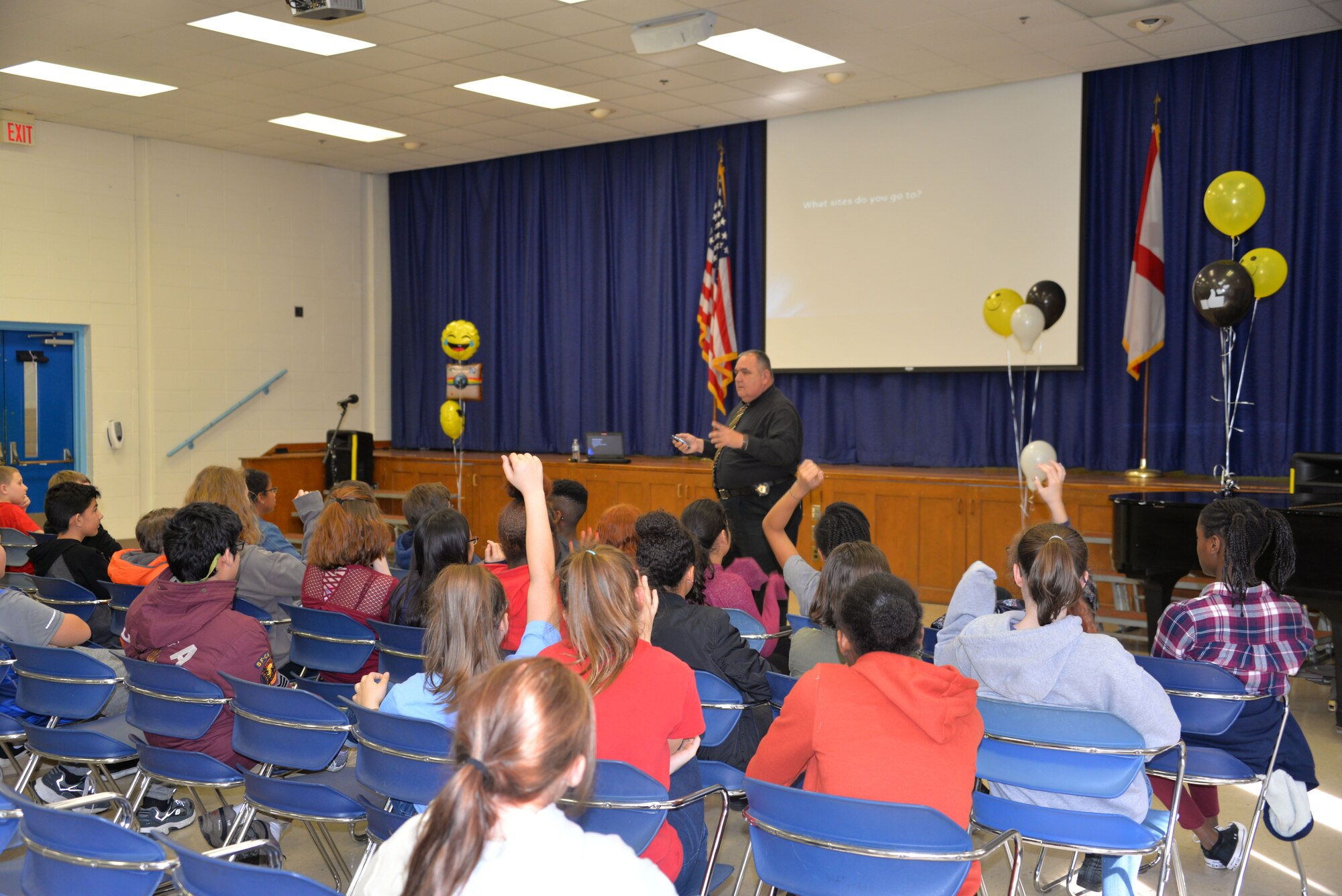 Lt. William Hough, Tallapoosa County Sheriff Dept., chief investigating/training officer came and spoke to Maxwell's middle school students about all the dangers that exist in the social media world Feb. 2, 2018 Maxwell Air Force Base, Ala. He interacted with the students and helped them understand all the dangers that they can face on the internet and how to avoid the pitfalls many young teens encounter in this cyber age. (U.S. Air Force Photo by Staff Sgt. Christopher Horton)