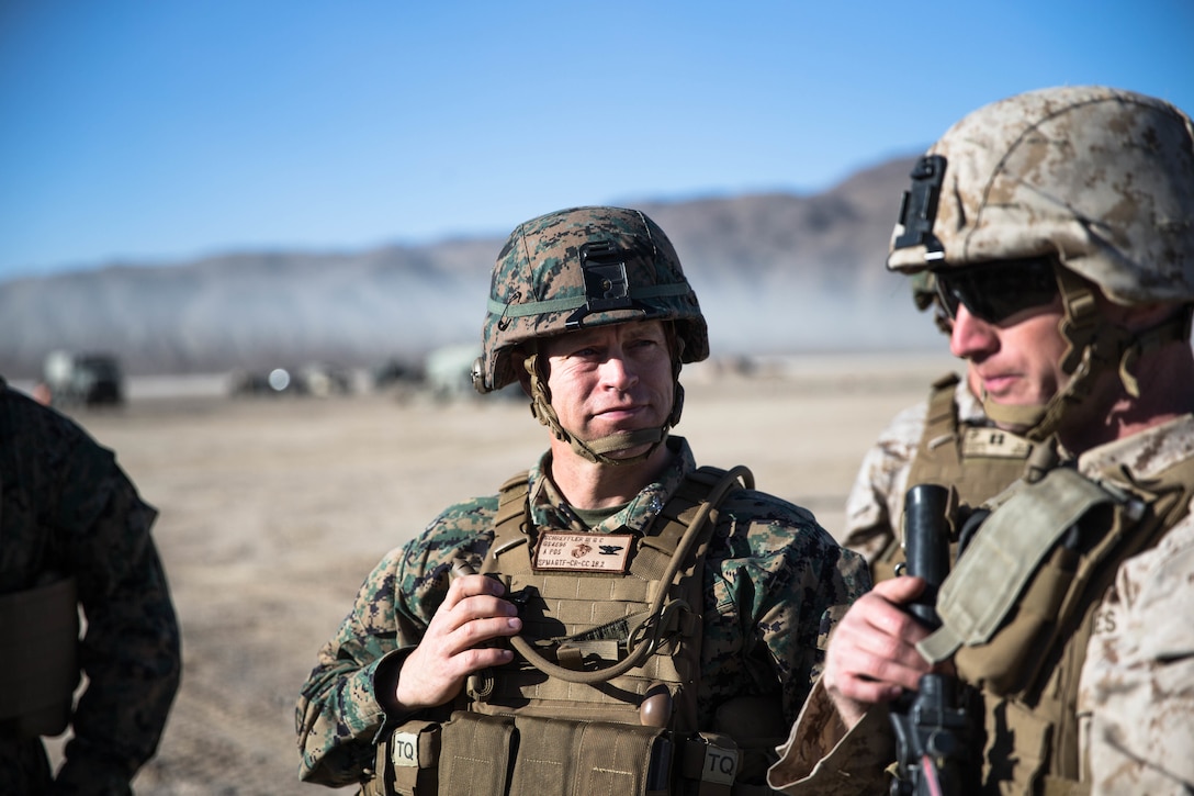 Col. George C. Schreffler III, Commanding Officer, Special Purpose Marine Air Ground Task Force 5 observers a Forward Arming and Refueling Point at Marine Corps Air Ground Combat Center, Twentynine Palms, Calif., Feb. 4, 2018, as a part of Integrated Training Exercise 2-18. The purpose of ITX is to create a challenging, realistic training environment that produces combat-ready forces capable of operating as an integrated MAGTF. (U.S. Marine Corps Photo by Pfc. William Chockey)