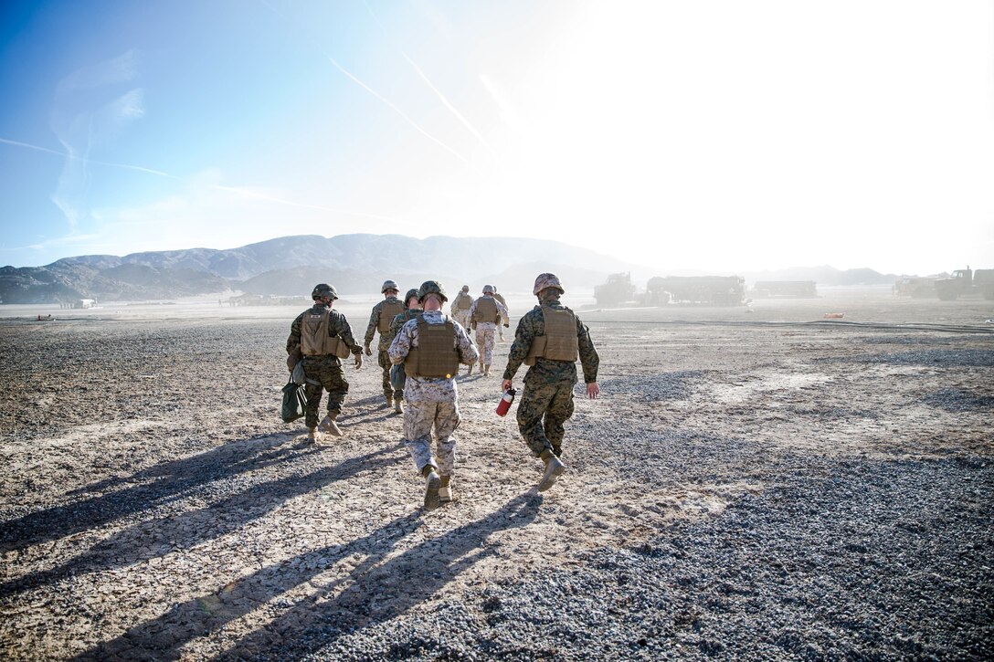 Marines with Special Purpose Marine Air Ground Task Force 5 land at a Forward Arming and Refueling Point at Marine Corps Air Ground Combat Center, Twentynine Palms, Calif., Feb. 4, 2018, as a part of Integrated Training Exercise 2-18. The purpose of ITX is to create a challenging, realistic training environment that produces combat-ready forces capable of operating as an integrated MAGTF. (U.S. Marine Corps Photo by Pfc. William Chockey)