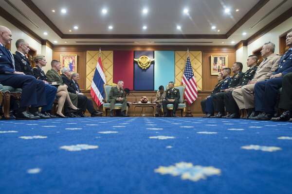 Marine Corps Gen. Joe Dunford, chairman of the Joint Chiefs of Staff, meets with Thai Army Gen. Tarnchaiyan Srisuwan, chief of the Defense Force, at the Royal Thai Armed Forces Headquarters in Bangkok, Feb. 7, 2018.