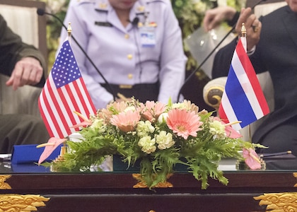 Marine Corps Gen. Joe Dunford, chairman of the Joint Chiefs of Staff, meets with Minister of Defense Prawit Wongsuwan at the Ministry of Defense in Bangkok, Feb. 7, 2018.