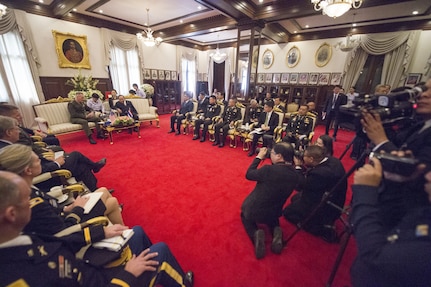 Marine Corps Gen. Joe Dunford, chairman of the Joint Chiefs of Staff, meets with Minister of Defense Prawit Wongsuwan at the Ministry of Defense in Bangkok, Feb. 7, 2018.