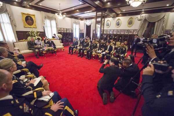 Marine Corps Gen. Joe Dunford, chairman of the Joint Chiefs of Staff, meets with Minister of Defense Prawit Wongsuwan at the Ministry of Defense in Bangkok, Feb. 7, 2018.