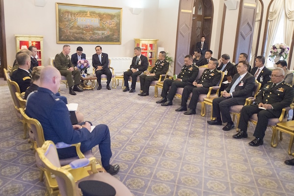 Marine Corps Gen. Joe Dunford, chairman of the Joint Chiefs of Staff, meets with Prime Minister Prayut Chan-ocha at the Government House in Bangkok, Feb. 7, 2018.