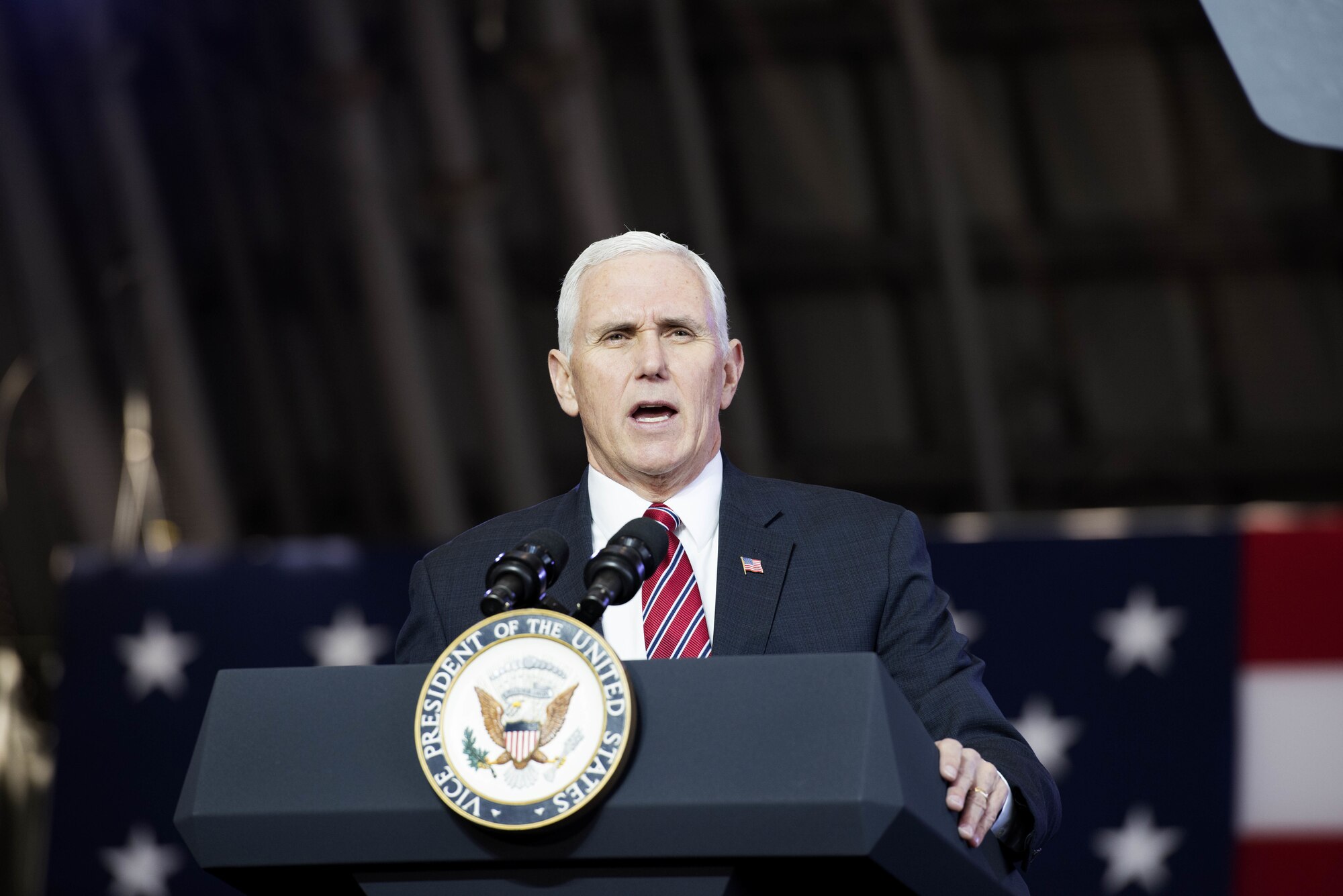 Vice President Michael Pence speaks to service members during a troop talk, Feb. 8, 2018, at Yokota Air Base, Japan.