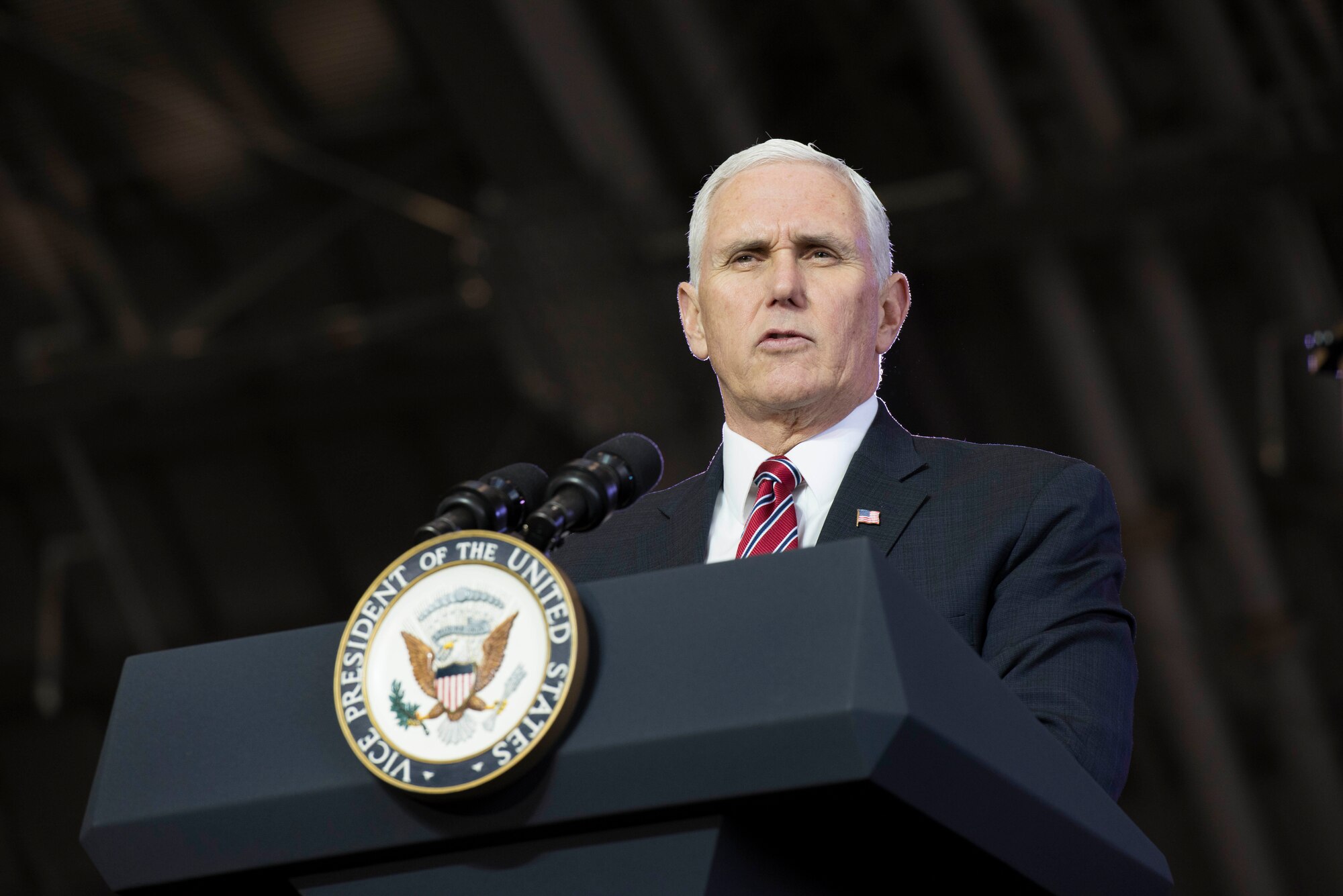 Vice President Michael Pence speaks to service members during a troop talk, Feb. 8, 2018, at Yokota Air Base, Japan.