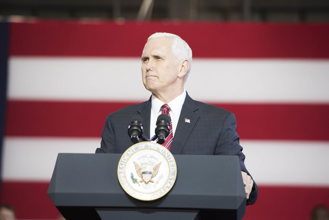 Vice President Michael Pence speaks to service members during a troop talk, Feb. 8, 2018, at Yokota Air Base, Japan.
