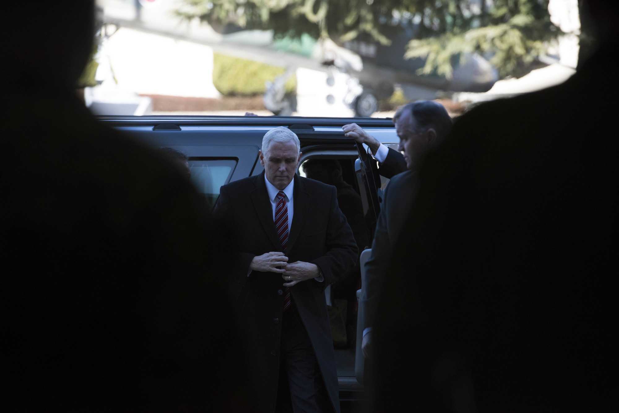 Vice President Michael Pence prepares to speak with service members, Feb. 8, 2018, at Yokota Air Base, Japan.